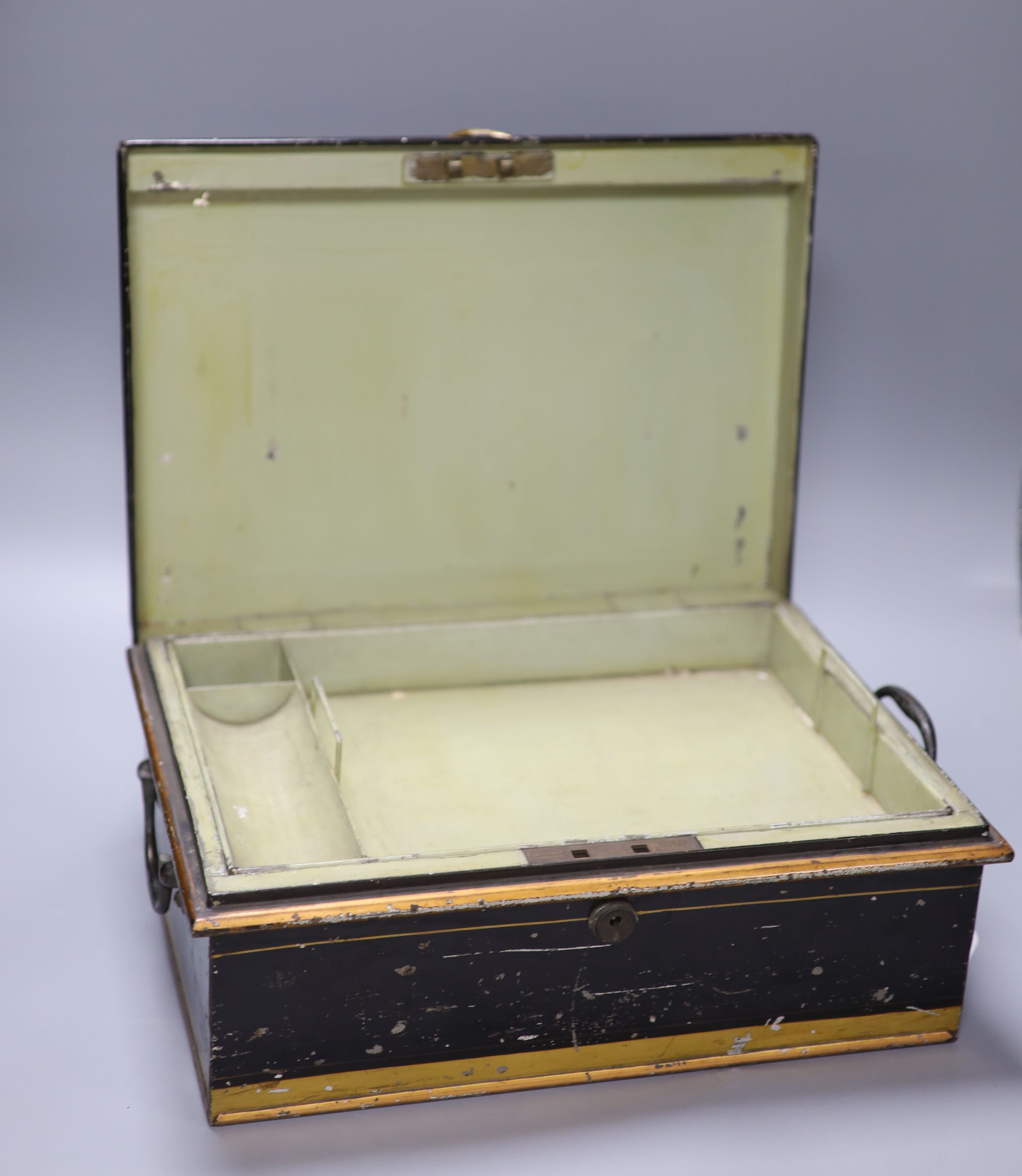 A strong box of minor jewellery, silver etc